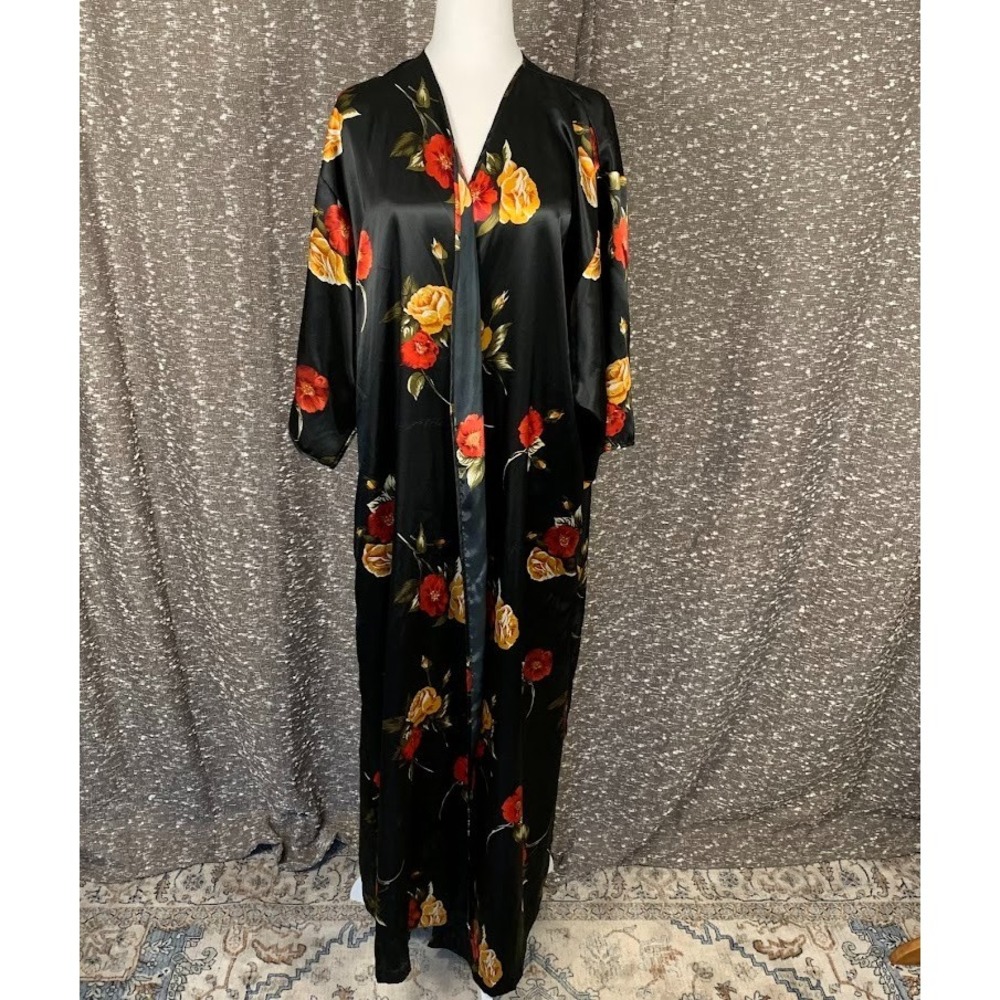 Vintage Barbizon Black Floral Long Robe No‎ Tie Preppy Chic Women's Large
